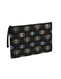 Portofel textil Esme – imprimeu ochi, negru cu auriu, 32×22cm