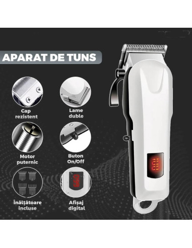 Trimmer profesional Total Pro Beauty alb – afisaj digital, piepteni incluși, lame ascuțite