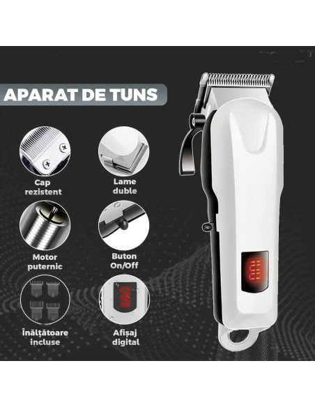 Trimmer profesional Total Pro Beauty alb – afisaj digital, piepteni incluși, lame ascuțite
