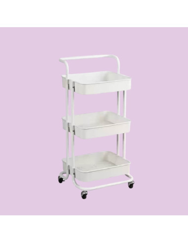 Raft cosmetică metalic cu 3 etajere tip tăviță și rotițe, 85 cm