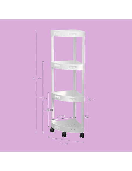 Etajeră colțar din plastic alb cu roți, 93 cm, pentru organizare salon