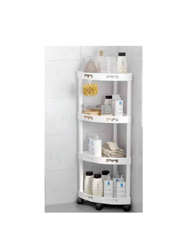Etajeră colțar din plastic alb cu roți, 93 cm, pentru organizare salon