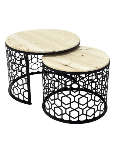 Set 2 măsuțe cafea lemn natur + cadru metalic negru, design modern