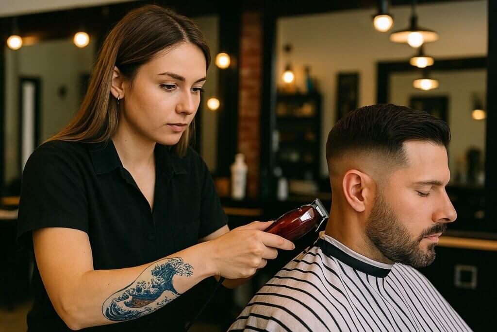 Stilist profesionist în salon modern folosind o mașină de tuns maronie pentru a realiza un fade precis pe un client cu pelerină alb-negru