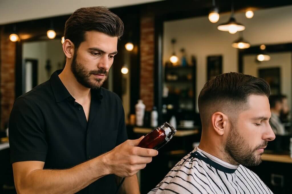 Imaginea surprinde un stilist profesionist în plină acțiune, într-un salon modern cu design industrial. Stilistul, concentrat și atent la detalii, folosește o mașină de tuns maronie cu finisaj cromat pentru a realiza un fade curat pe un client cu păr închis la culoare. Clientul poartă o pelerină clasică alb-negru, iar fundalul include oglinzi mari, lumini calde și rafturi cu produse de îngrijire. Atmosfera transmite profesionalism, precizie și eleganță — exact ceea ce definește o mașină de tuns de top.